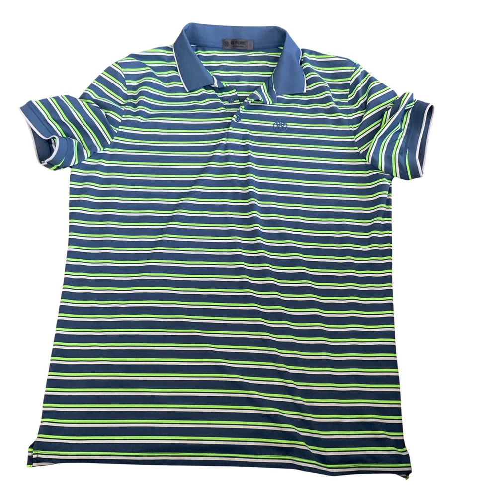 G/FORE Mens‎ Striped Performance Golf Polo Shirt Navy Blue Lime Green Large L